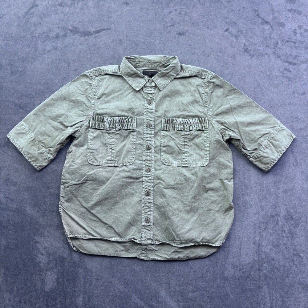 J.Crew Womens Olive Green Cotton Twill Ruffle Pocket Utility Shirt Size 6